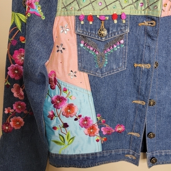 90s 00s Vintage Berek | Floral Butterfly Embroidered Sequin Beaded Jean Jacket - Picture 9 of 13